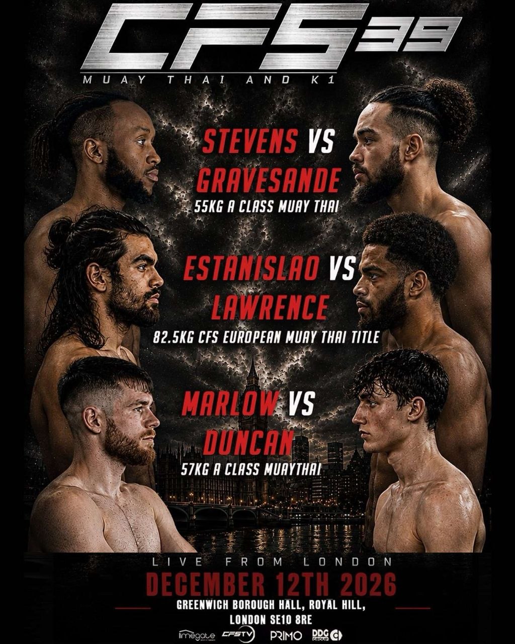 CFS 39 fight poster featuring Stevens vs Gravesande, Estanislao vs Lawrence and Marlow vs Duncan