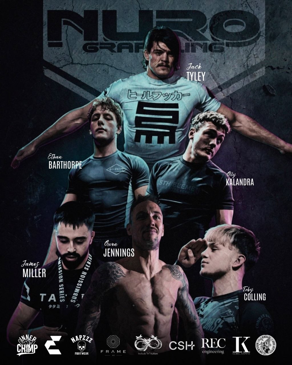 Nuro Grappling 80kg Championship tournament poster featuring Jack Tyley and the announced competitors